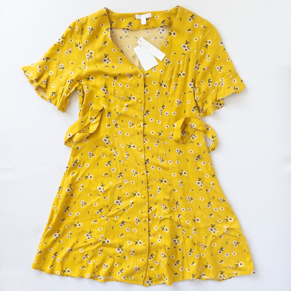 Abound Yellow Button Down Floral Short Sleeves Tie Back Summer Dress, XS